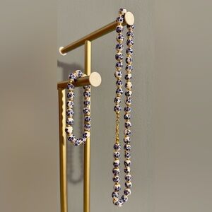 Blue & White Floral and Gold Beaded Necklace and Bracelet Set